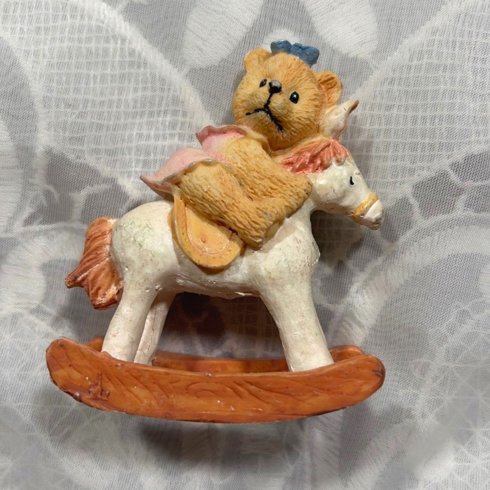 Cottagecore Vintage Teddy Bear on Rocking Horse Figurine Miniature Nursery Decor